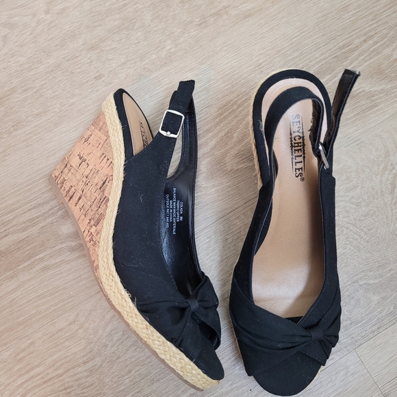 Seychelles Shoes - Seychelles | Black Twisted Slingback Cork Wedges